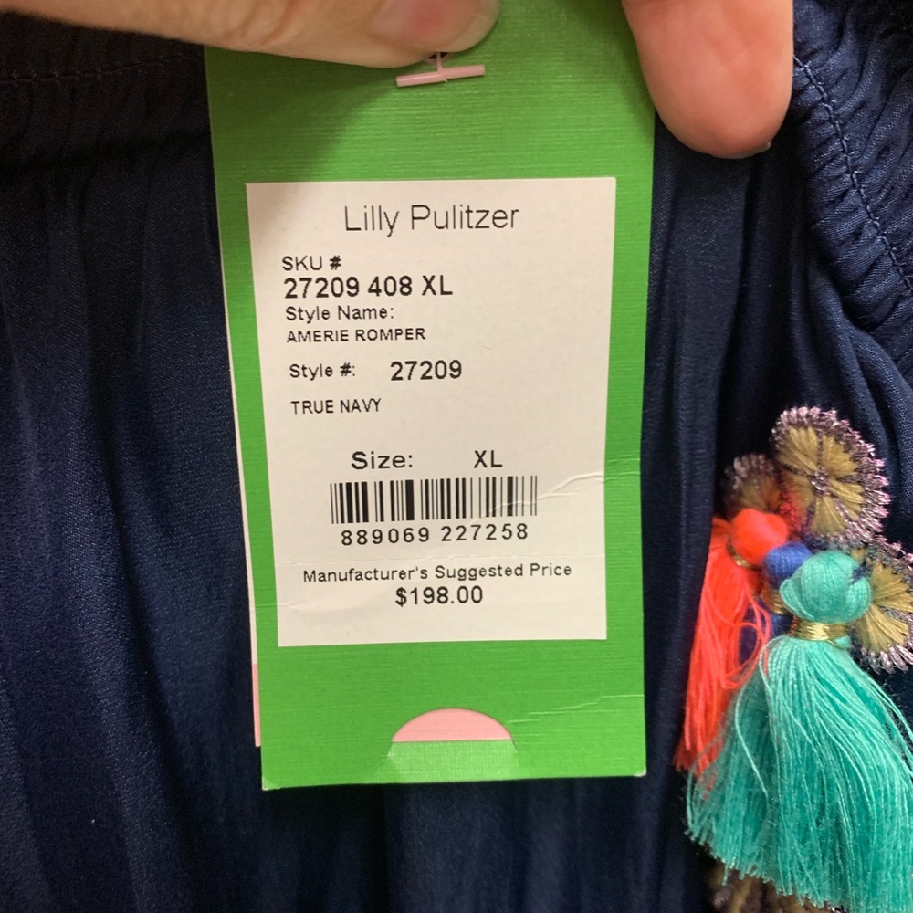 NWT * Lilly Pulitzer Amerie Romper XL Navy Blue Off Shoulder Tassels 1 Sleeve - Picture 5 of 7